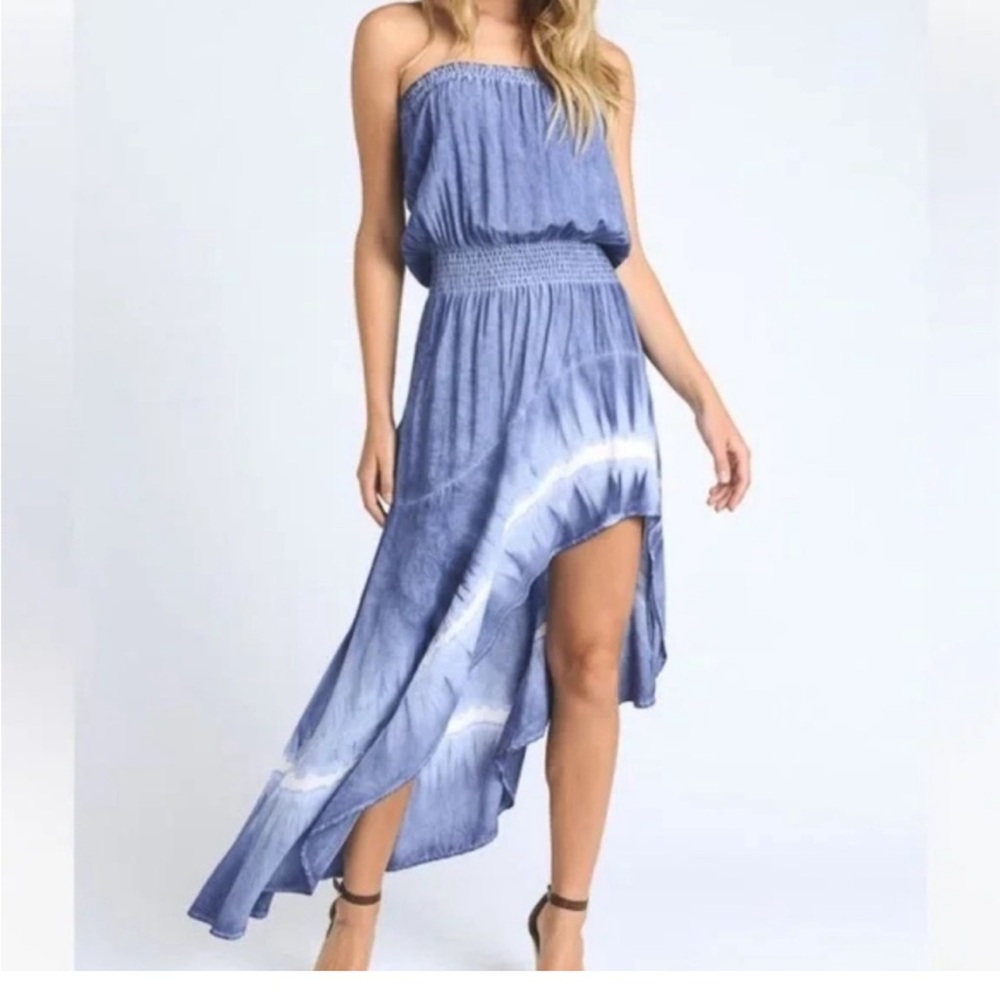 STORIA Blue Tie-Dyed Strapless Sun Dress Asymmetrical Boho Hippie SZ M Festival